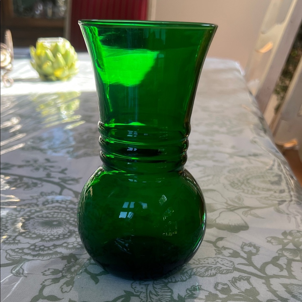 Vintage Anchor Hocking Emerald Green Glass Vase Ribbed Ring Bulb Planter
